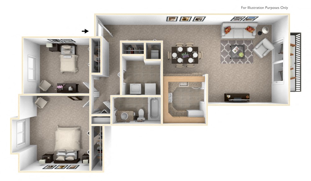 Floor plan for 2 beds, 1 bath, 940 sqft